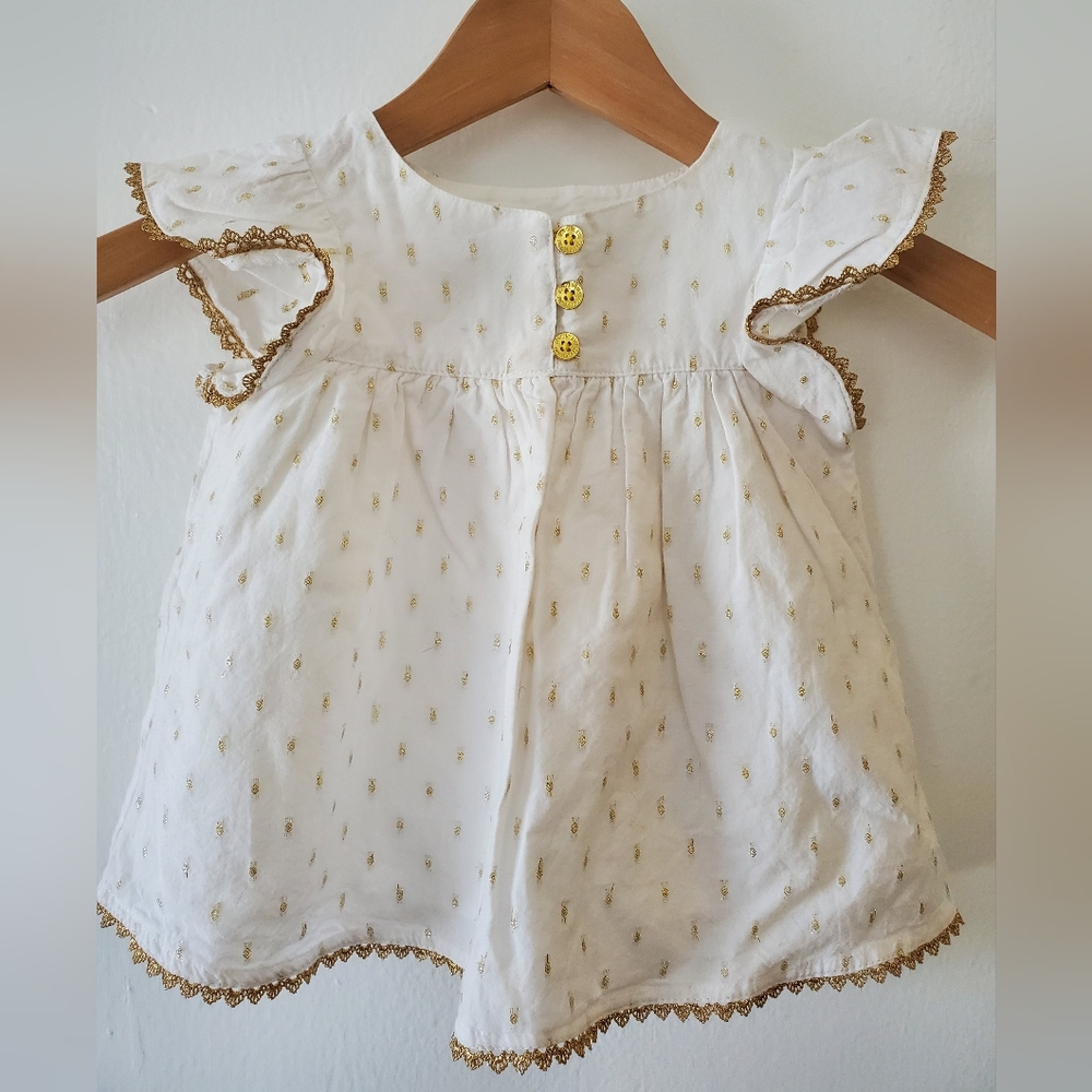 Oshkosh White Cotton Flutter Sleeve Top With Gold Embroidery & Trim Size 2T